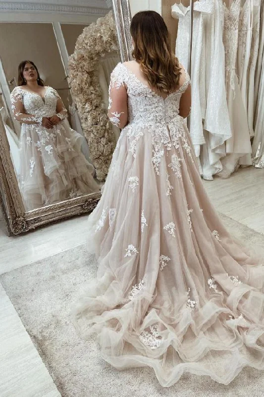 Long Plus Size Sweetheart A-Line Wedding Dress with Lace Sleeves Wedding Dress Long