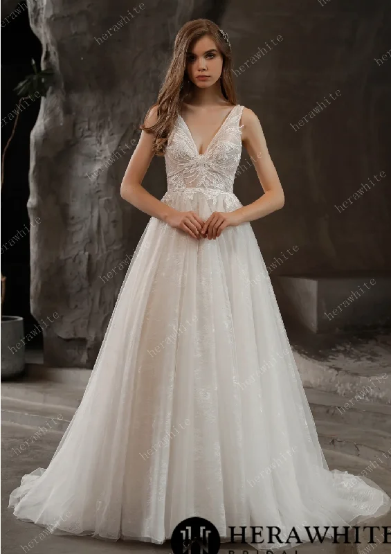 Lovely Lace V-Neck Wedding Dress with Tulle Skirt Classic Satin Gown