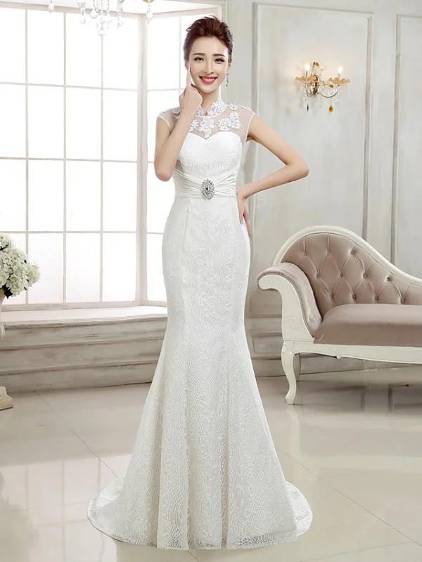 Mermaid \ Trumpet Wedding Dresses High Neck Sweep \ Brush Train Lace Cap Sleeve Sexy Illusion Detail Backless Off-shoulder Bridal Dress