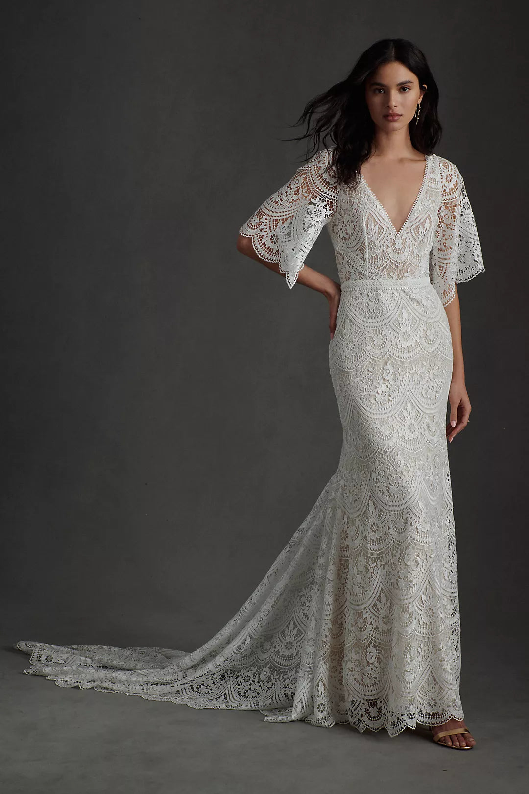 Rish Haleh Flutter-Sleeve Allover Lace V-Neck Fit & Flare Wedding Gown - 6 Full Length Gown