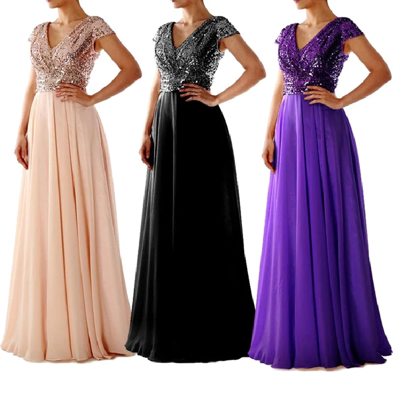 مجموعة اروين التجارية arwen&ajh group new Style V Neck Chiffon Splicing Sequin Evening Dresses Bridesmaid Dresses Long Dress Vintage Lace Dress