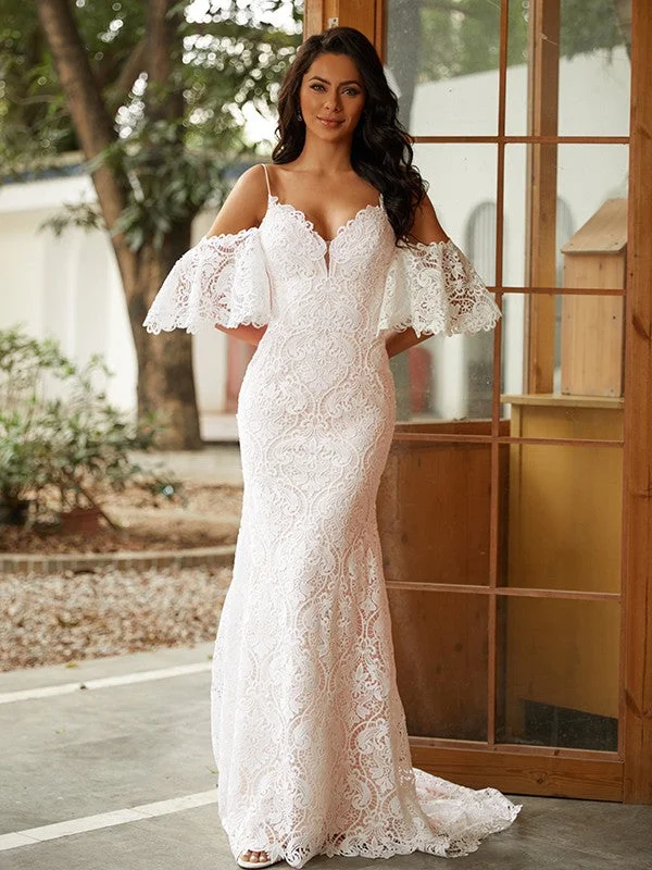 Sheath/Column Lace V-neck Short Sleeves Sweep/Brush Train Wedding Dresses Full Skirt Gown