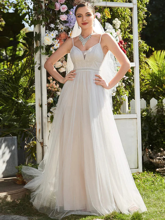 Spaghetti Strap Embroidered Deep V A-line Wedding Dress Satin Wedding Dress