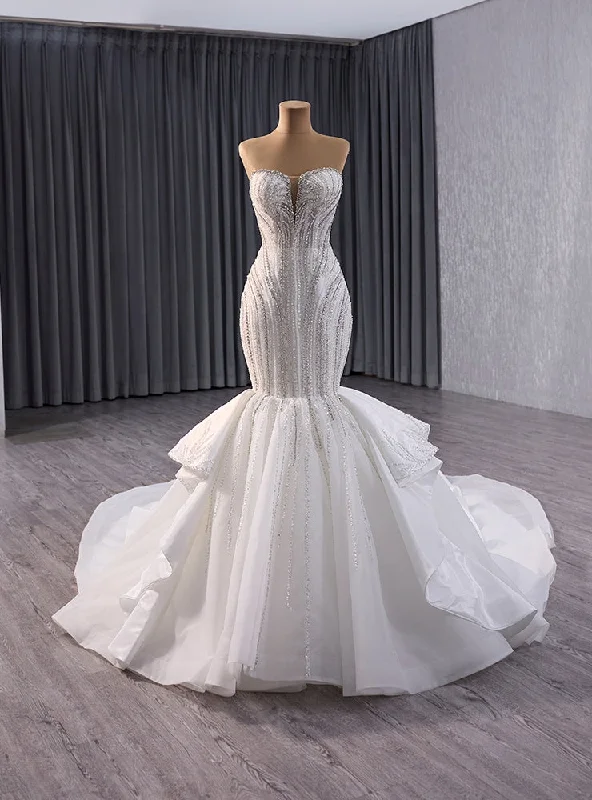 White Mermaid Tulle Sequins Beading Strapless Wedding Dress Strapless Bridal Dress