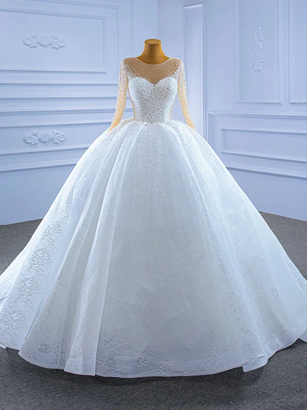 White Tulle Lace Long Sleeve Beading Wedding Dress Strapless Lace Dress