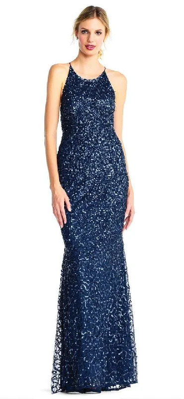 Adrianna Papell - Cross-Stringed Back Sequined Halter Gown AP1E202438 - 1 pc Deep Blue In Size 16 Available ASOS party dresses