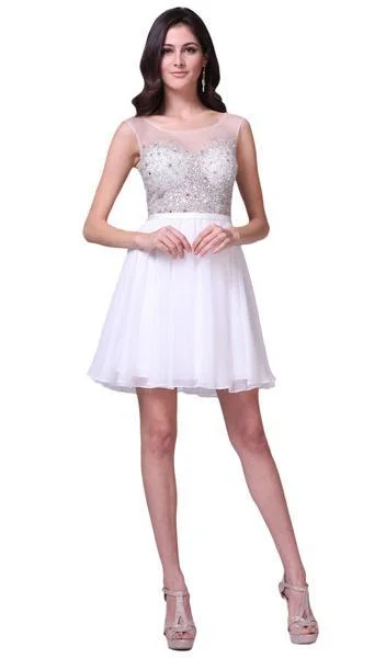 Cinderella Divine - CJ90S Sheer Illusion Neckline Beaded Chiffon Cocktail Dress - 1 pc Off White In Size 8 Available Versatile party dresses for any occasion