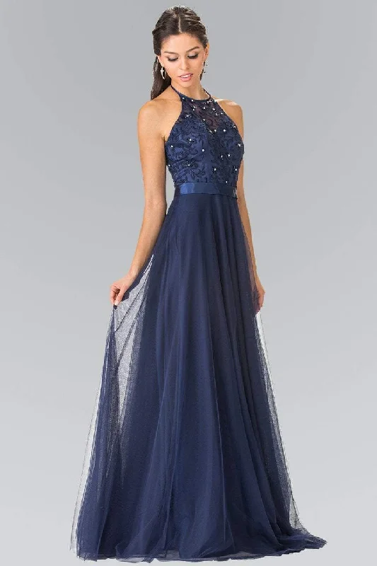 Elizabeth K Embroidered Lace Halter Long Gown - 1 pc Navy In Size M Available Y2K party dresses