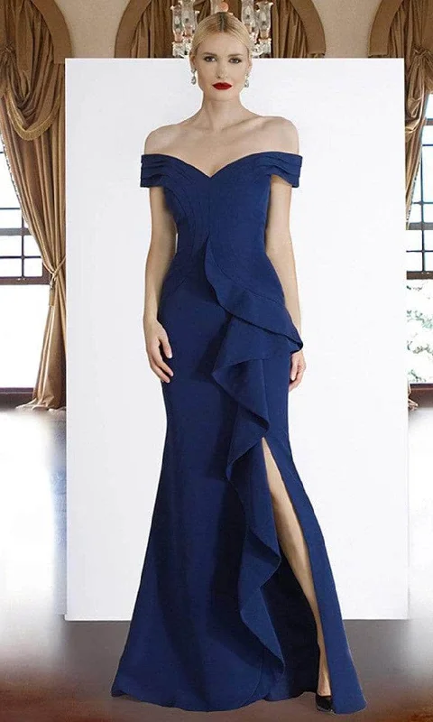 Janique - V-Neck Pleated Trumpet Evening Gown K6876 - 1 pc Navy In Size 14 Available Plus size party dresses