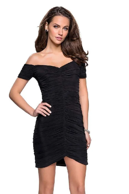 La Femme - Ruched Off-Shoulder Sheath Cocktail Dress 26742 Best party dresses for hourglass body shape