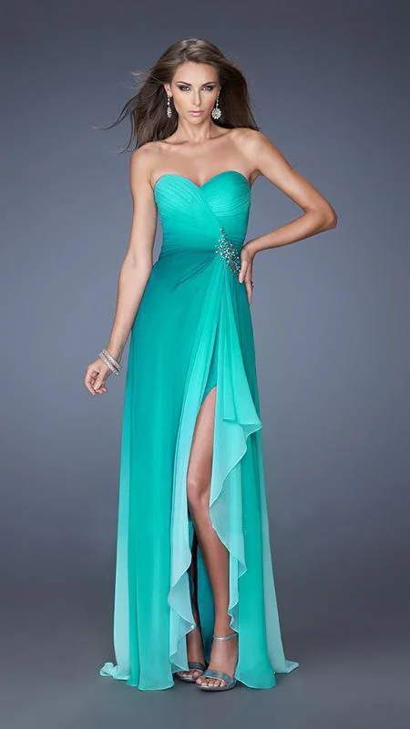 La Femme Strapless Ruched Surplice High Slit Gown Garden party dresses