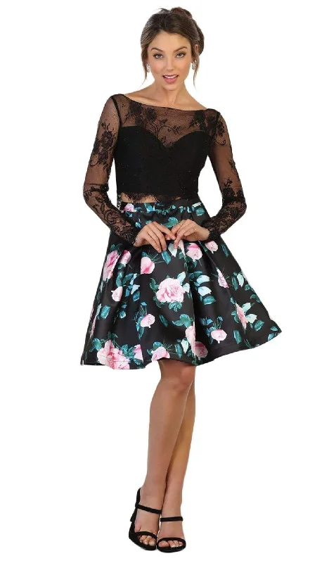 May Queen Lace and Floral Print Two-Piece Cocktail Dress - 1 pc Black In Size 4 Available Street style party dresses