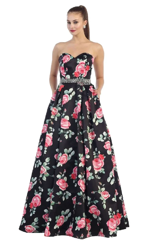 May Queen RQ7425 Strapless with Rhinestone Waistband Floral Print Ball Gown - 1 pc Black/Print In Size 12 Available Forever 21 party dresses