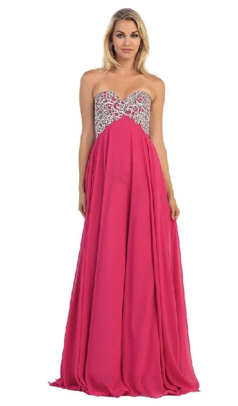 May Queen Strapless Metallic Ornate Lace Up A-Line Evening Gown MQ-1105 Trendy party dresses under $50