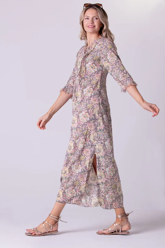 Cotton Annabel Maxi Dress in Dove Grey Floral Winter maxi dresses