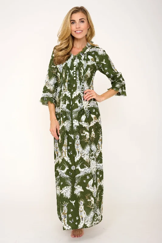 Cotton Annabel Maxi Dress in Olive Green Tropical Ruffled maxi dresses