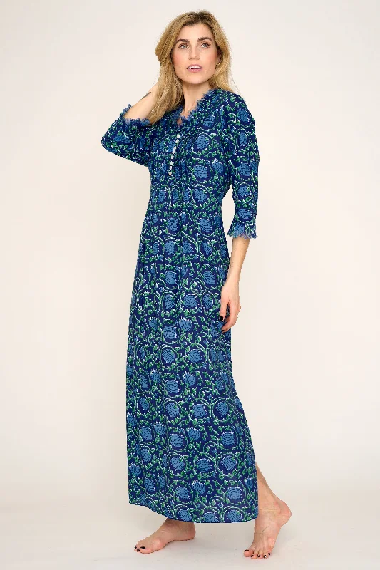 Cotton Annabel Maxi Dress in Royal Blue with Blue & Green Flower Halter maxi dresses