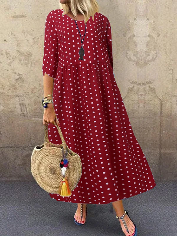 Loose O-neck Polka Dot 3/4 Sleeve Women Maxi Dress Preppy maxi dresses