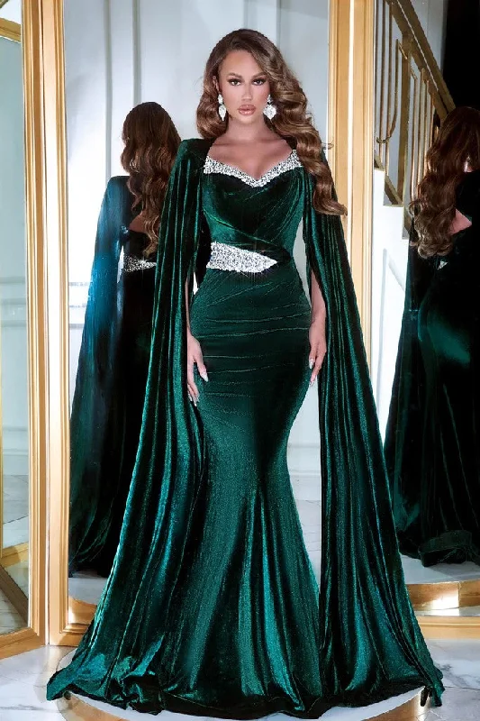 Portia and Scarlett PS23394 Long Cape Sleeve Velvet Mermaid Prom Gown Satin maxi dresses