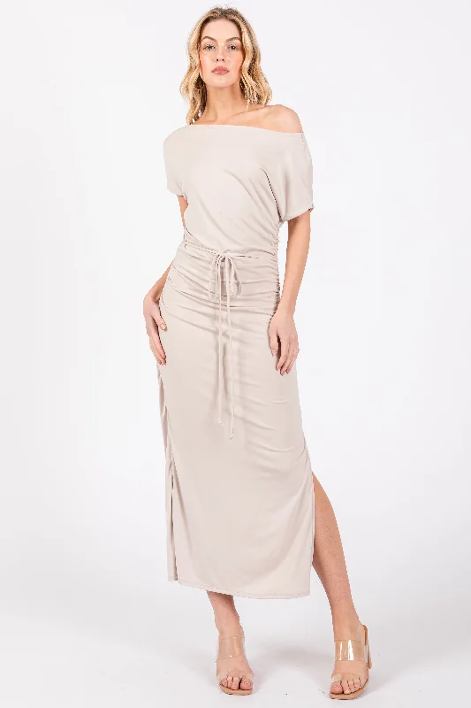 Beige Boat Neck Side Ruched Waist Tie Midi Dress Long sleeve midi dresses