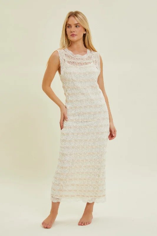 Beige Crochet Knit Sleeveless Midi Dress Wedding guest midi dresses