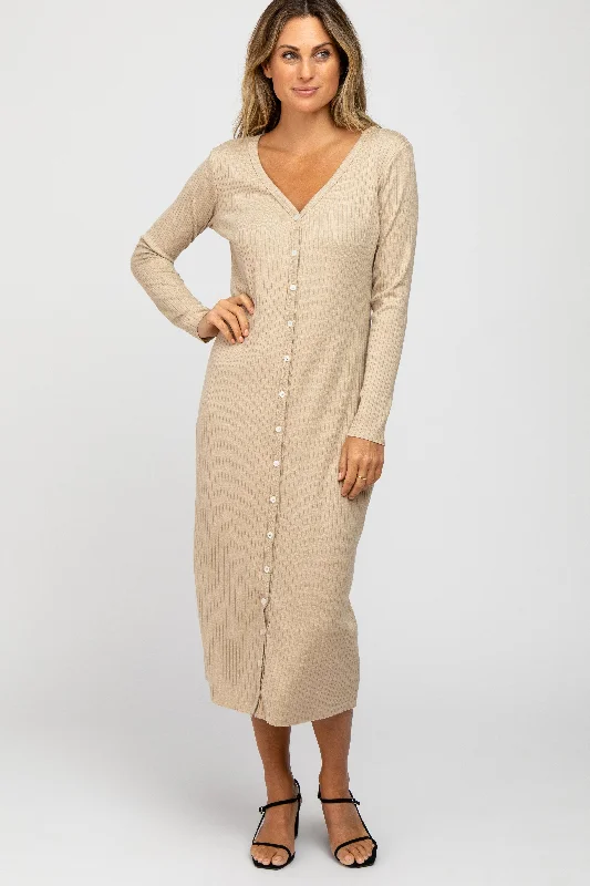 Beige Ribbed Button Front Midi Cardigan Dress Must-have midi dresses for this season