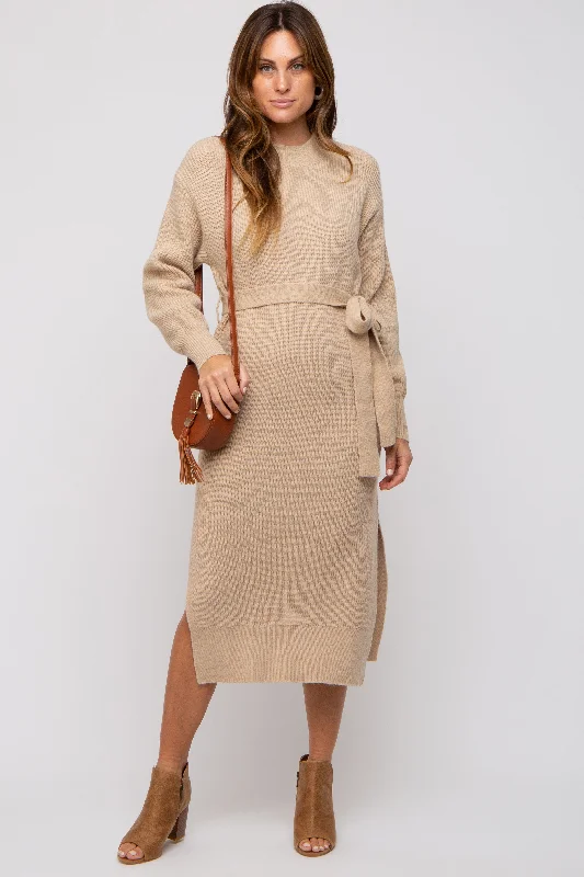 Beige Side Slit Sweater Midi Dress Tiered midi dresses