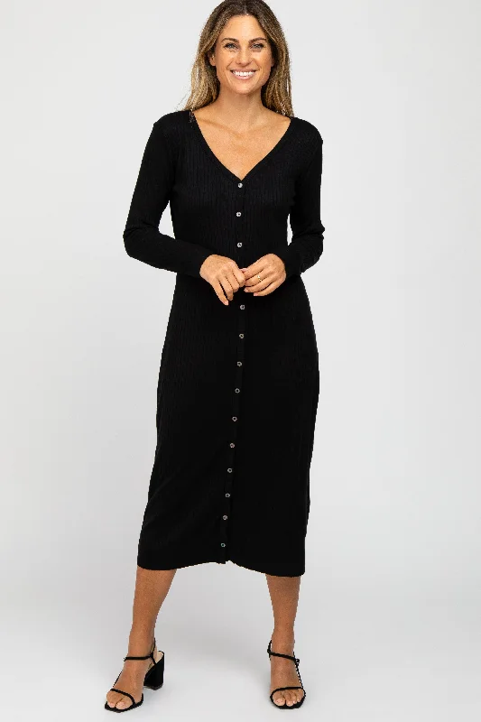 Black Ribbed Button Front Midi Cardigan Dress Cute floral print midi dresses