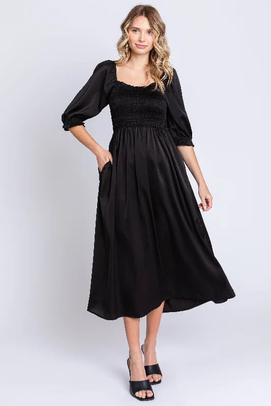 Black Satin Smocked Midi Dress A-line midi dresses