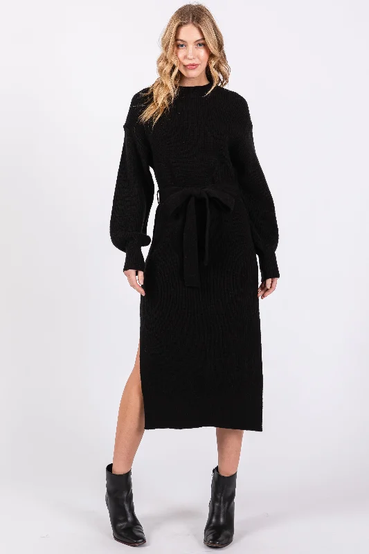 Black Side Slit Sweater Midi Dress High-end midi dresses