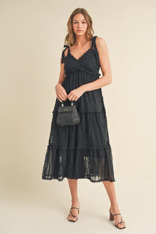 Black Textured Tie Strap Tiered Midi Dress Spring midi dresses