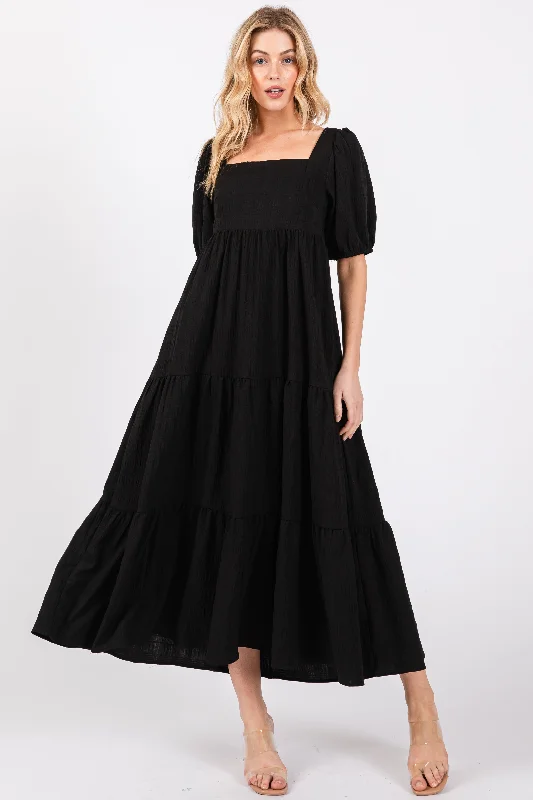 Black Textured Tiered Midi Dress Minimalist midi dresses