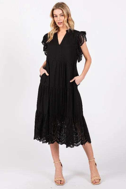 Black V-Neck Eyelet Detail Ruffle Shoulder Tiered Midi Dress Street style midi dresses