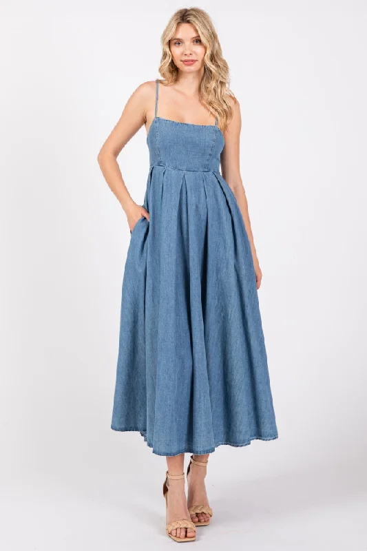 Blue Back Tie Straight Neck Maternity Midi Dress Strapless midi dresses