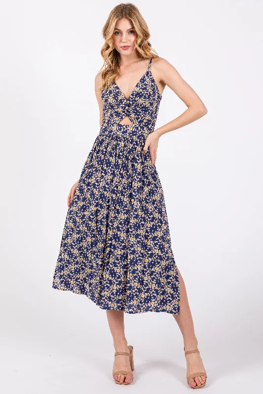 Blue Floral Front Twist Midi Dress Halter midi dresses