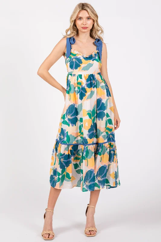 Blue Floral Shoulder Strap Midi Dress Expensive midi dresses