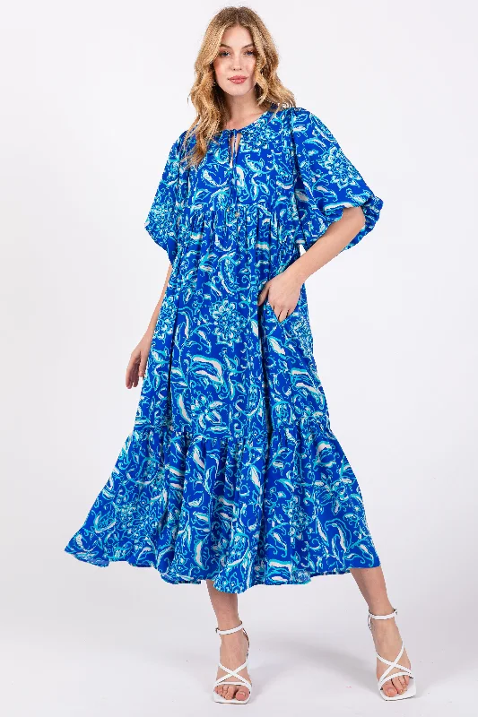 Blue Floral Tiered Midi Dress Goth midi dresses