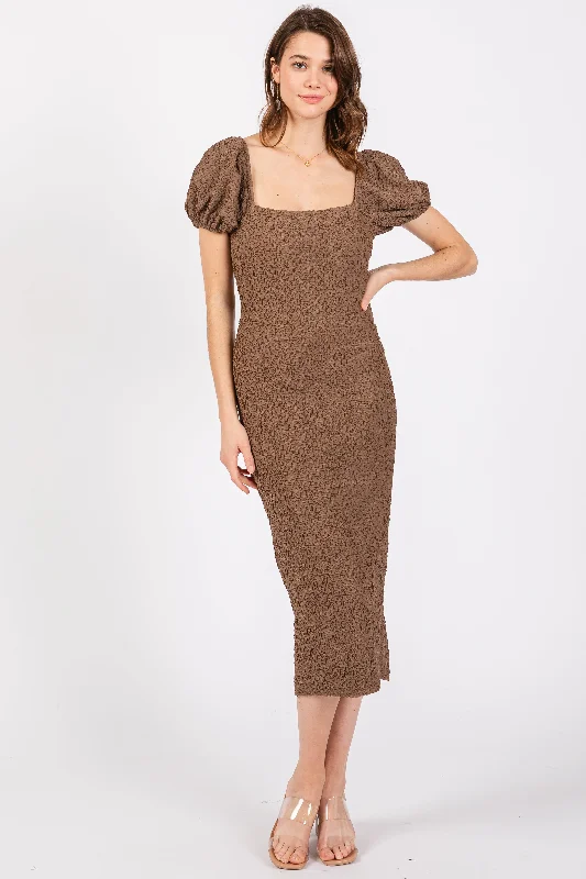 Brown Popcorn Textured Short Puff Sleeve Midi Dress Zara midi dresses