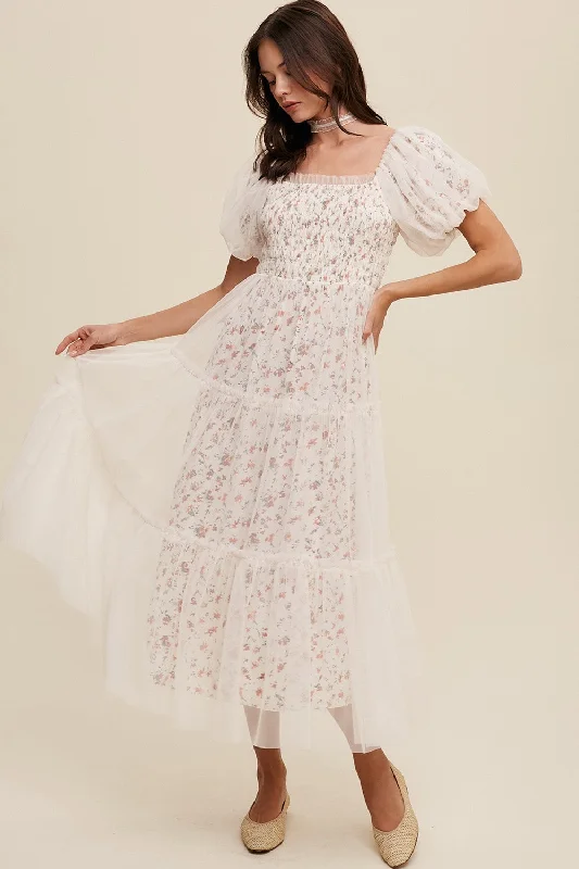 Cream Floral Lined Smocked Tulle Midi Dress Smocked midi dresses