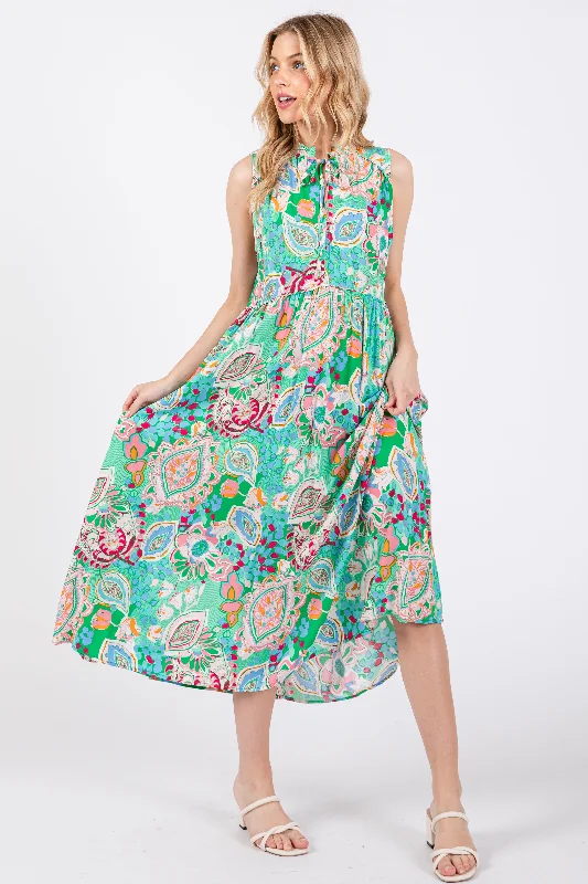 Emerald Green Floral Paisley Mock Neck Midi Dress Best midi dresses for petites