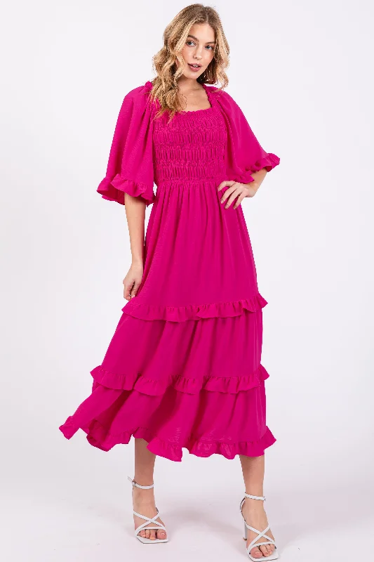 Fuchsia Smocked Ruffle Tiered Midi Dress Fashion-forward midi dresses