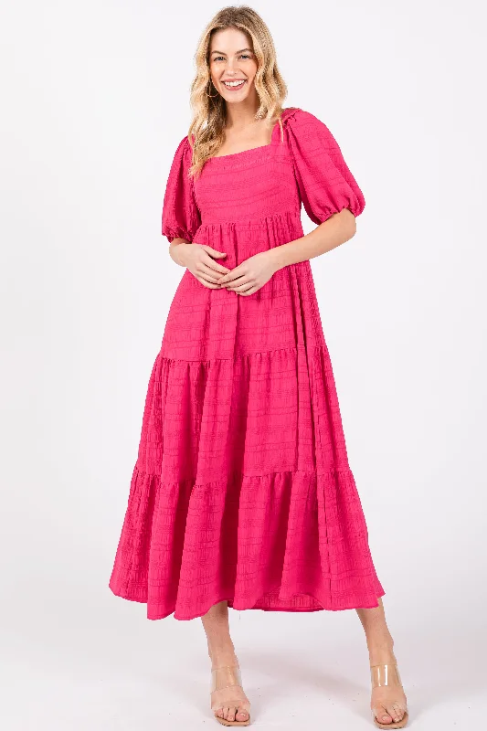 Fuchsia Textured Tiered Midi Dress Y2K midi dresses