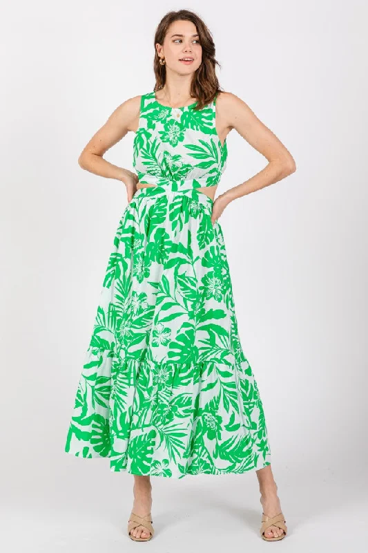 Green Floral Side Cutout Ruffle Midi Dress Flattering midi dresses for all body types