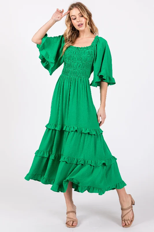 Green Smocked Ruffle Tiered Midi Dress Leather midi dresses