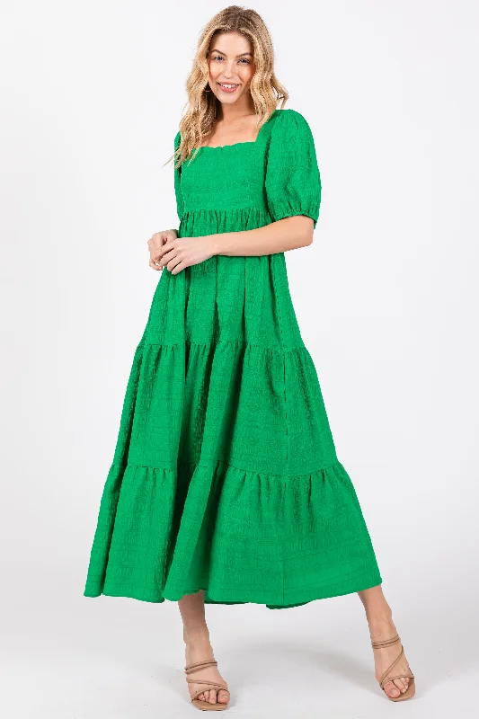 Green Textured Tiered Midi Dress Holiday midi dresses