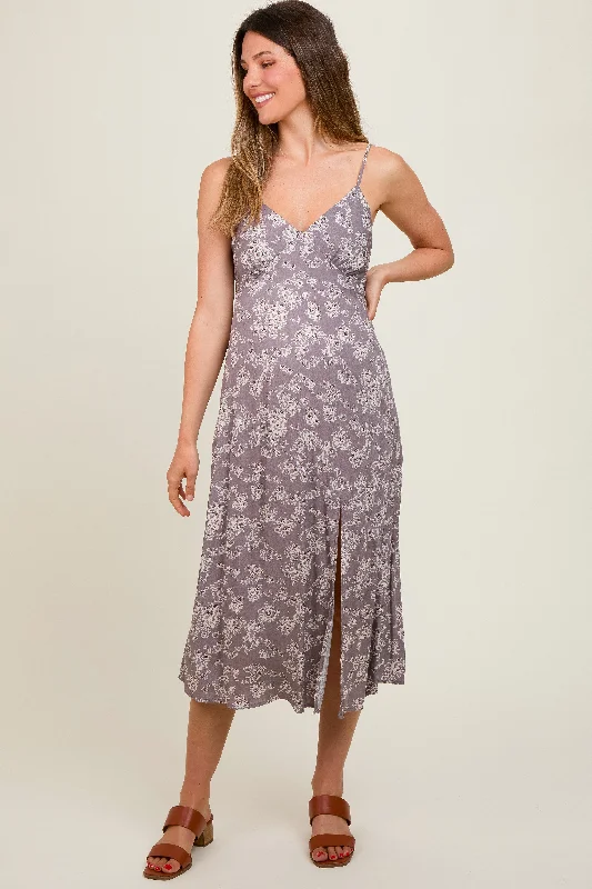 Grey Floral Side Slit Maternity Midi Dress Best midi dresses for hourglass body shape