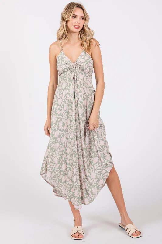 Light Olive Floral Front Tie V-Neck Midi Dress Vintage midi dresses