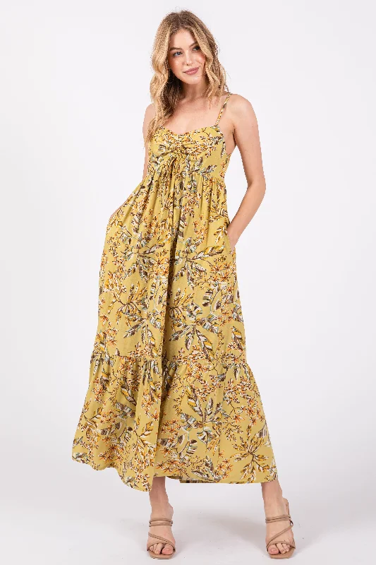 Lime Floral Sleeveless Front Cinched Midi Dress Anniversary midi dresses