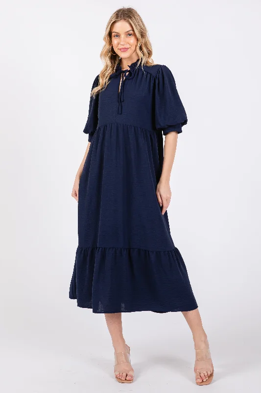 Navy Balloon Sleeve Split Neck Midi Dress Knitted midi dresses