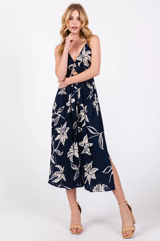 Navy Blue Floral Front Twist Midi Dress Edgy midi dresses